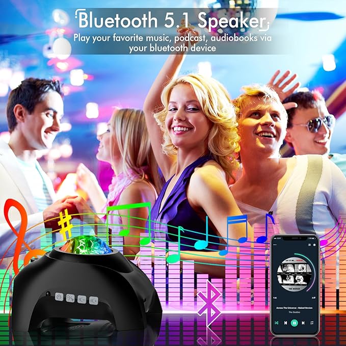 Rossetta Star Projector, LED Night Light Aurora Galaxy Projector with Bluetooth Speaker, White Noise, Timer and Remote for Room Decor, Gifts for Kids, Adults, Christmas, Birthday, Black
