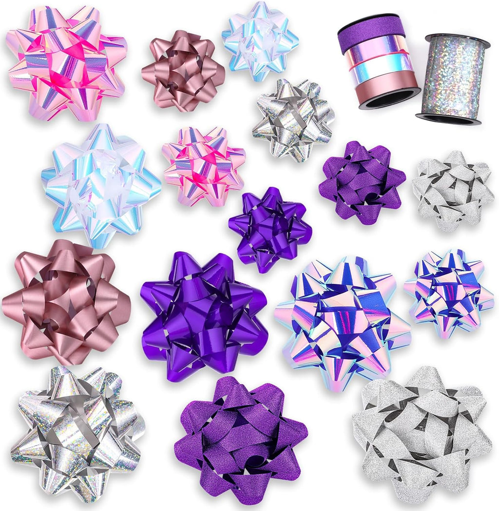 18 Pcs Gift Bows, 16 Assorted Size Gift Bows and 2 Crimped Curling Ribbons | Ideal for Party Gift Wrapping Birthday Decoration(6 Colors)