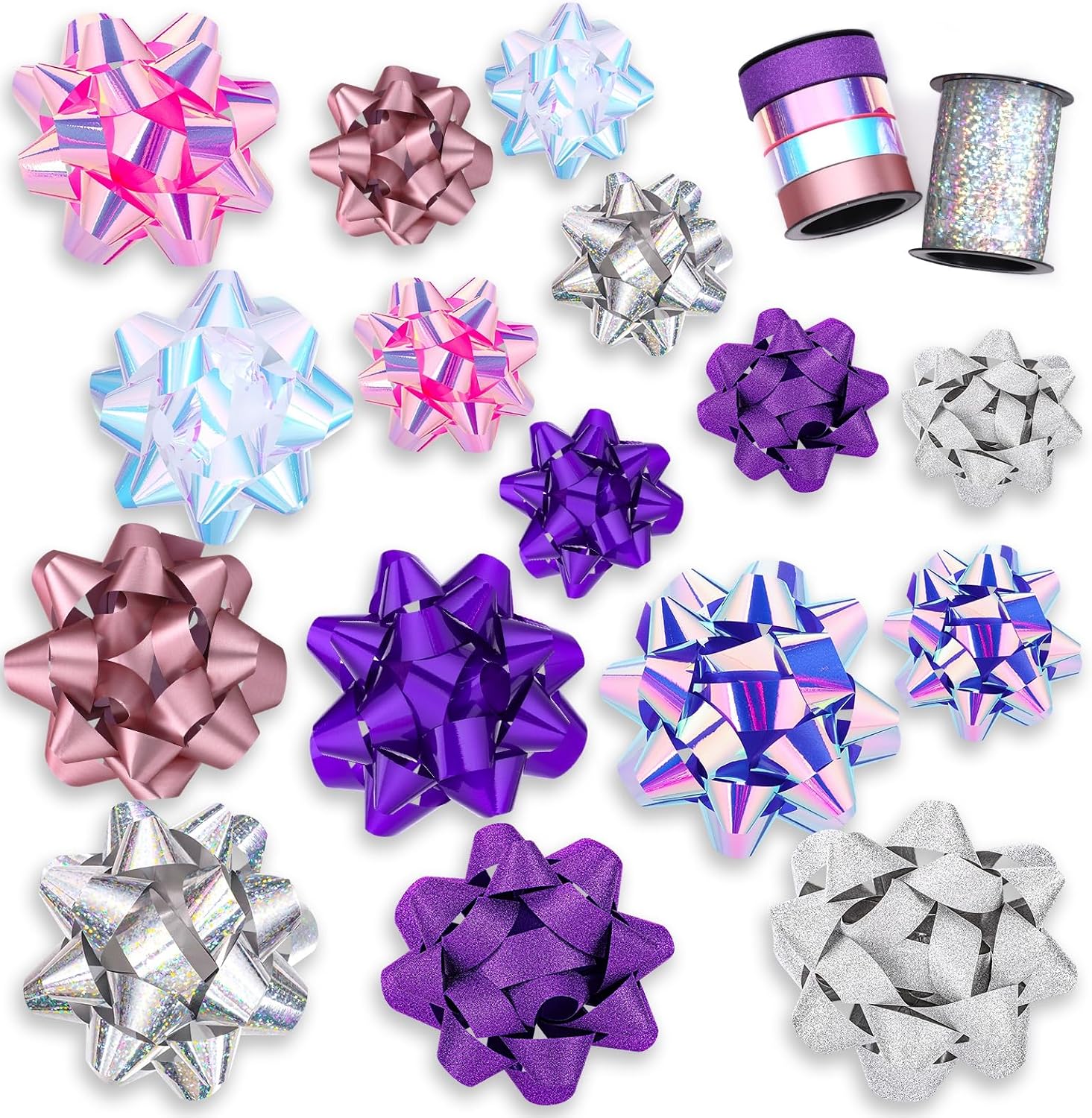 18 Pcs Gift Bows, 16 Assorted Size Gift Bows and 2 Crimped Curling Ribbons | Ideal for Party Gift Wrapping Birthday Decoration(6 Colors)