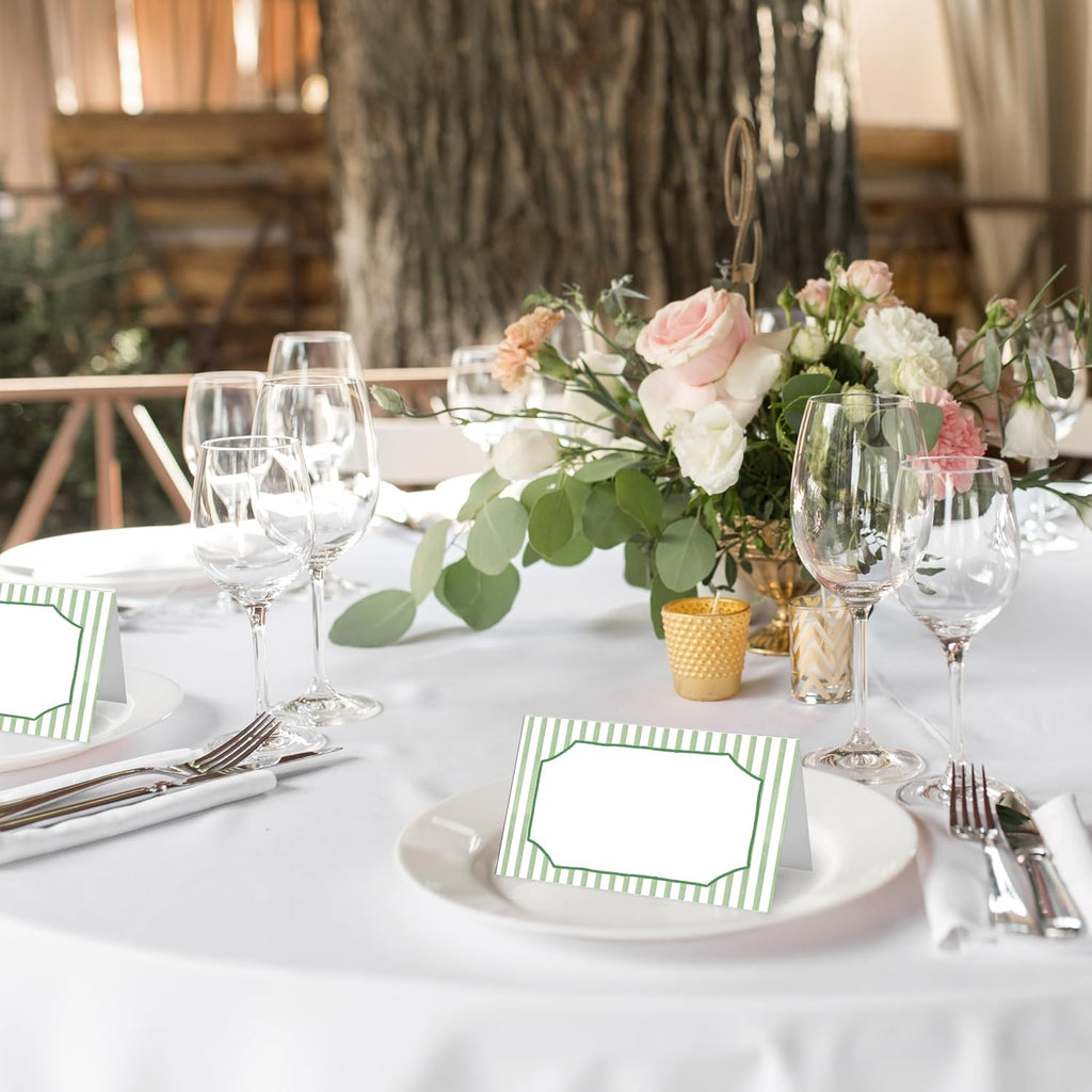 Elegant Green Striped Place Cards for Table Setting, 2 x 3.5" Escort Cards, 25 Watercolor Tent Cards Food Label for Dinner Party, Wedding, Bridal Shower, Baby Shower, Birthday Party Supplies