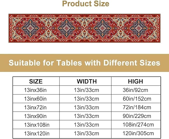 Boho Old French Table Runner, Vintage Red Beige Retro Flower Rustic Country Style Floral Print Pattern for Home Kitchen Table Decor Dining Coffee Room Garden Party Decor 13x120in