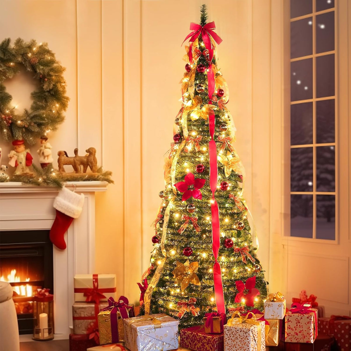 7 ft prelit pop up christmas tree 250, side view
