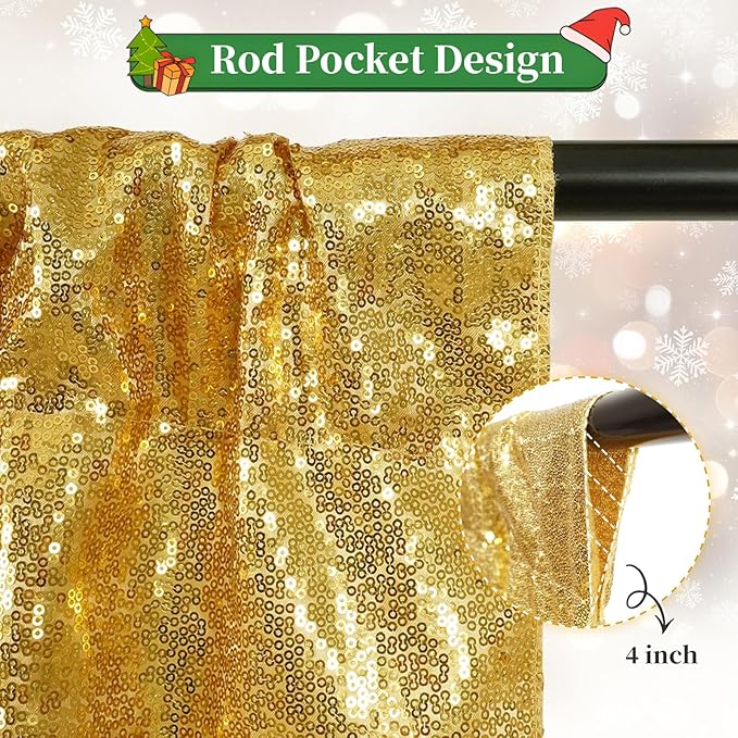 SquarePie Sequin Backdrop Curtain Not See Through Background for Wedding Party 2FT x 8FT 2P Gold