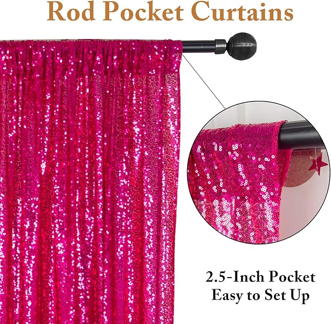 ShinyBeauty Sequin Curtains Panels Hot Pink Sequin Backdrops 4 Pieces Photo Backdrop Shimmer Background for Baby Shower Fuchsia Fabric Curtain New Year,Birthday Party,Holiday Decor (2Ftx8Ft)