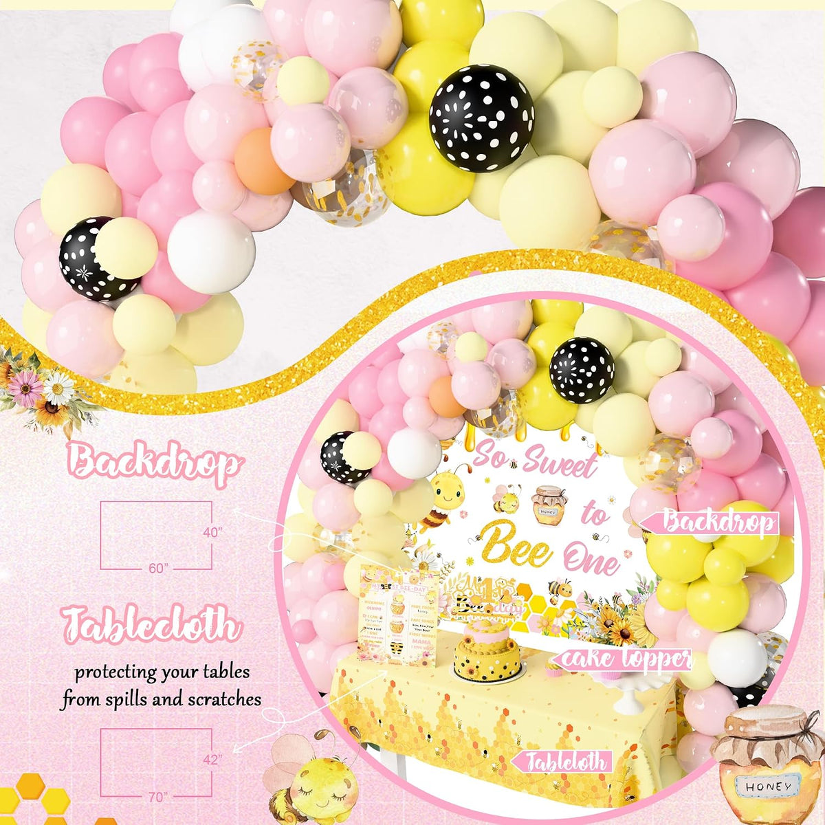 bee 1st birthday party decorations for girl, yellow showing dimensions