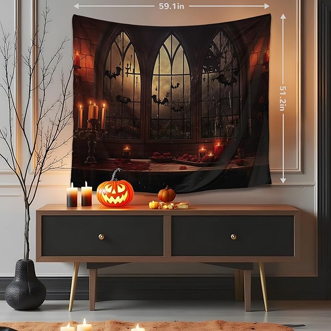 QGHOT Halloween Tapestry Wall Hanging Horror Castle Window Tapestry Gothic Spooky Backdrop Vampire Medieval Tapestries for Bedroom Living Room Dorm Wall Art Decor (59.1"x51.2")