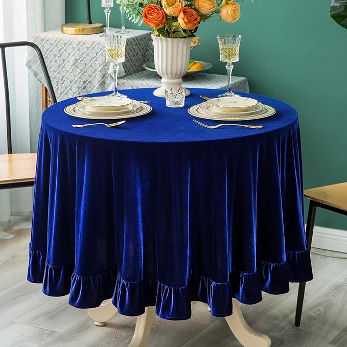Velvet Tablecloth Luxurious Solid Round Table Cloth,Oblong Retro Farmhouse Ruffle Tablecloths Washable Table Cover for Party Wedding Baby Shower Kitchen Dinning Tabletop Decoration