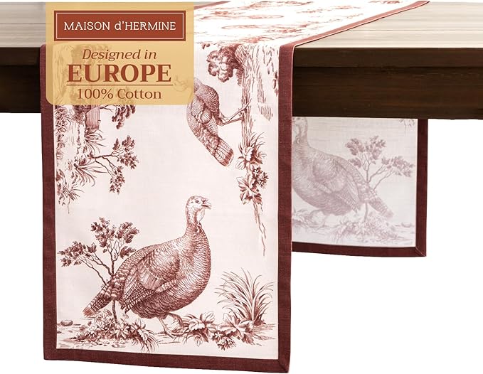 Maison d' Hermine Table Runner 100% Cotton Single Layer Table Runners 108 inches Long for Thanksgiving Christmas Decorations Home Kitchen Dining Party Wedding (Holy Jouy - Brown, 14.5" x 108")