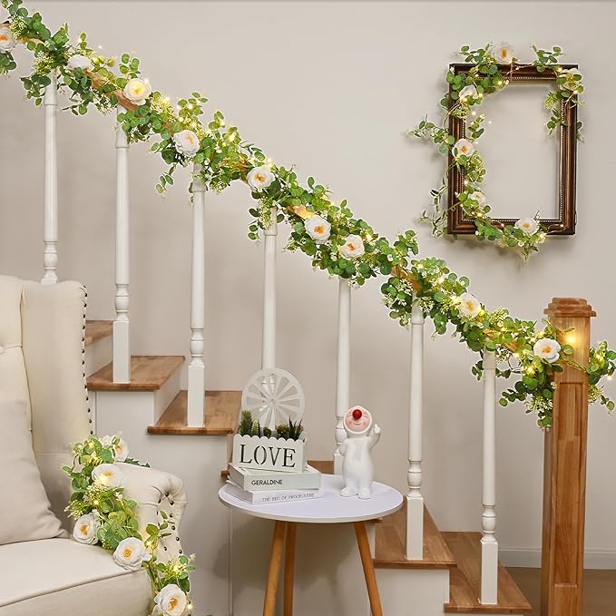 Dolicer 2Pcs 13Ft Artificial Eucalyptus Garlands with Flowers, Faux Floral Greenery Garlands with 13Ft String Lights Fake Flowers Vines for Wedding Centerpieces Arch Party Decor (White)