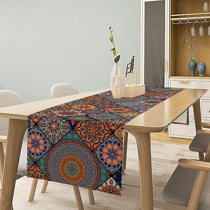 Bohemian Table Runner, Colorful Vintage Indian Mandala Floral Table Runners for Kitchen Dining Coffee Table Indoor Outdoor Party Decor, 13x108inch