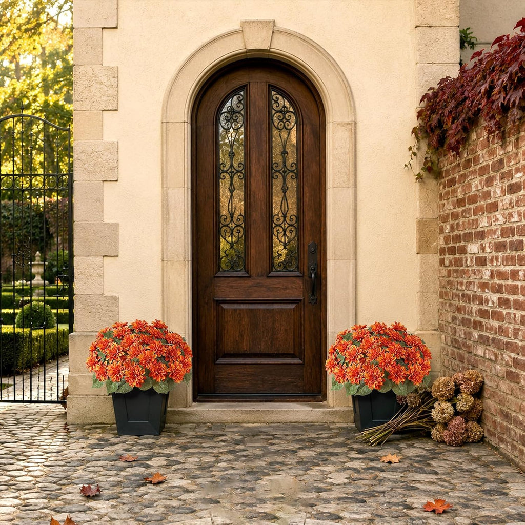 VIERENA 2 Set of Fall Artificial Dahlia Topiary Ball Trees - Fake Silk Dahlia Flower Bushes, UV Resistant Faux Floral Shrub Potted for Front Door Porch Farmhouse Outdoor Autumn Decor (Orange)