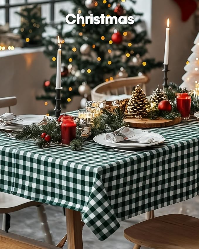 Pureegg Plastic Table Cloth Disposable 10 Pack, 54 x 108 Inch Table Cloths, Party, Picnic, Decorative Gingham Tablecloths, Rectangle, Green and White Checkered Cover, Leakproof & Sturdy, Green Plaid