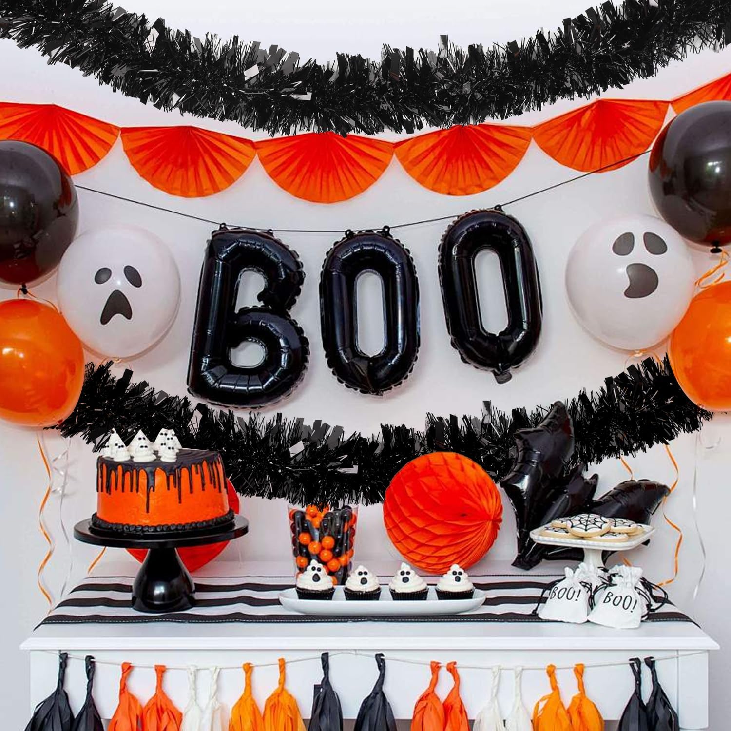 FOIMAS 33FT Black Tinsel Garland,Halloween Metallic Tinsel Garland Twisted Hanging Garland for Halloween Christmas Tree Fireplace Home Decoration
