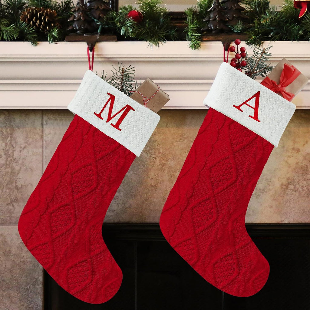 Senneny Christmas Stockings with Initials, 20” Large Embroidered Monogram Knitted Stockings for Family, Kids, Xmas Holiday Party Gifts & Decoration for Fireplace, Letter J
