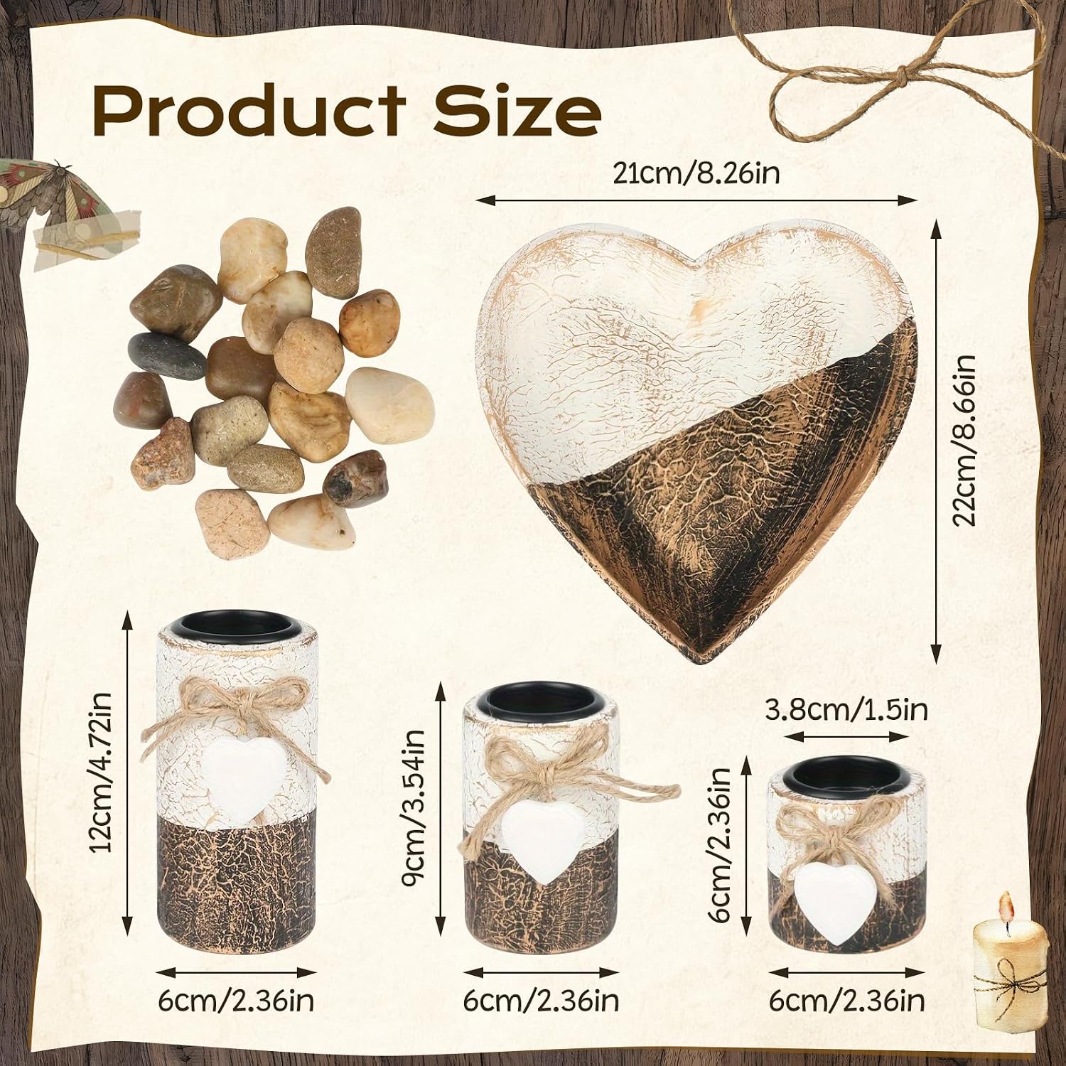 Farmhouse Candle Holders 3 Pack Rustic Wooden Pillar Candle Holder with Heart Tray and Stones Tealight Candles Holders Farmhouse Centerpiece for Coffee Table Mothers Day Valentines Home Decor