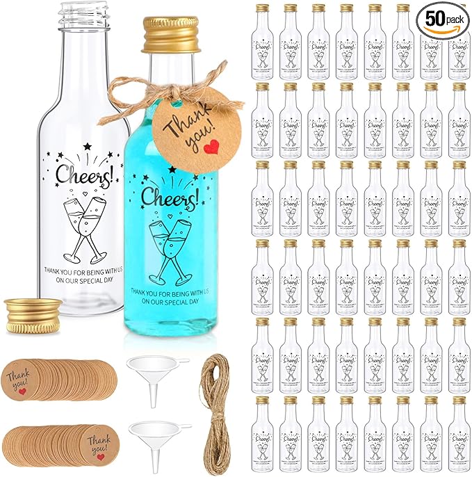 OurWarm 50 Pack Mini Liquor Bottles, 1.7oz/50ml Mini Shot Bottles with Gold Screw Caps Funnels Tags & Twines, Empty Wine Bottles for Juice Alcohol Homemade Liquor Birthday Wedding DIY Party Favors