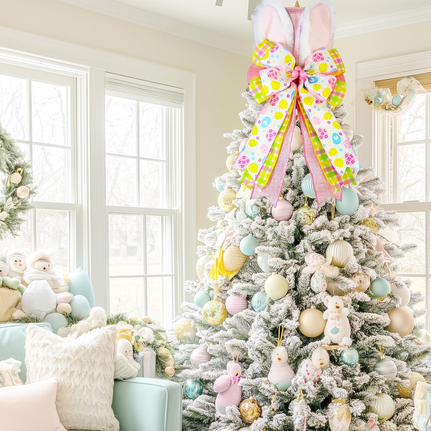 Easter Tree Topper Hat with Bunny Ears, Pink Velvet Top Hat Tree Topper with Bow, Egg Ribbon Spring Tree Decorations Ornament for Easter Christmas Tree Indoor Outdoor