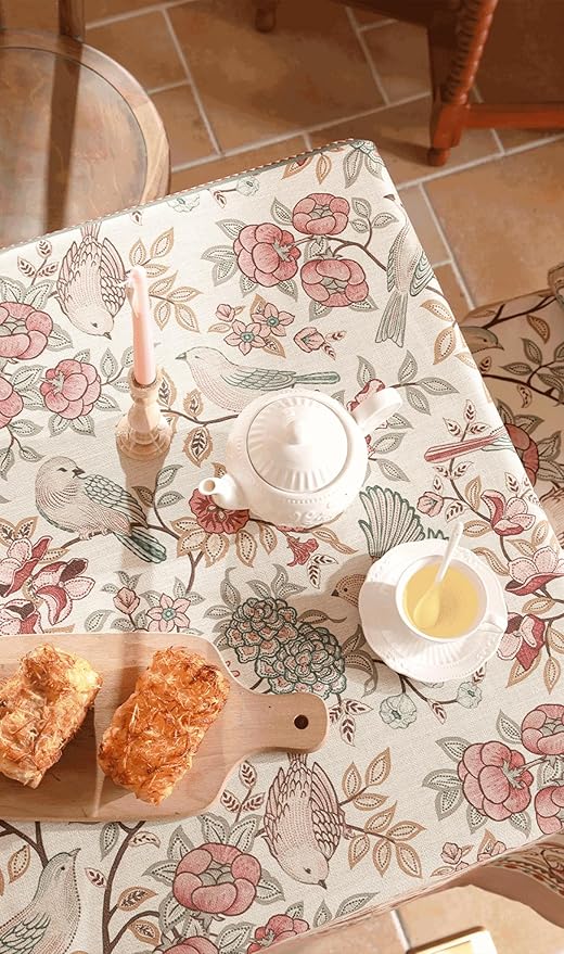 patdrea Designer Pink Linen Table Cloth for Rectangle Table,Vintage Floral with Birds Pattern Decorative Tablcloth,French Table Cover for Kitchen Dining,Thanksgiving,Christmas,55"x87"-Kulom a