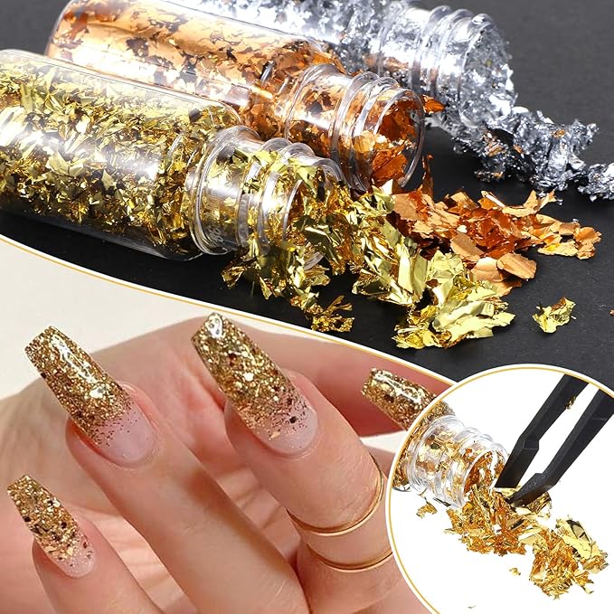 6Pcs Decorative Gold Leaf, Multifunction Gold Leaf Cake Decoration Baking Foil Decor for Cooking Dessert Steak Decoration Crafts Makeup Leaves with Plastic Tweezers