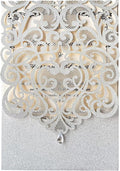 Hosmsua 5.12 x 7.3 Inch 50pcs Silver Laser Cut Lace Flora Wedding Invitation Cards with Rhinestone and Envelopes Customized Printed Invitations for Bridal Shower Quinceañera Wedding Invite