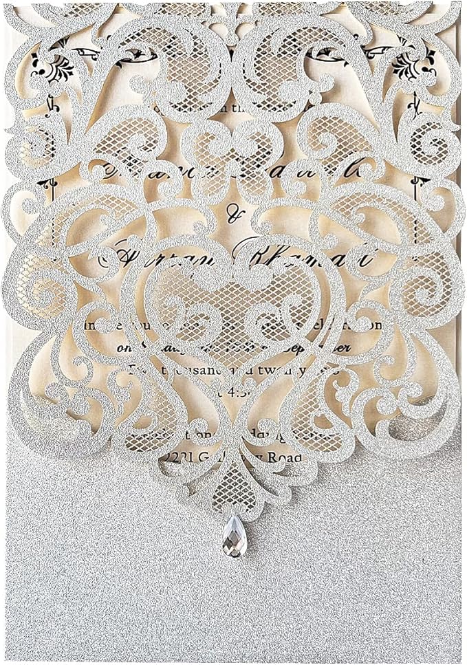 Hosmsua 5.12 x 7.3 Inch 50pcs Silver Laser Cut Lace Flora Wedding Invitation Cards with Rhinestone and Envelopes Customized Printed Invitations for Bridal Shower Quinceañera Wedding Invite