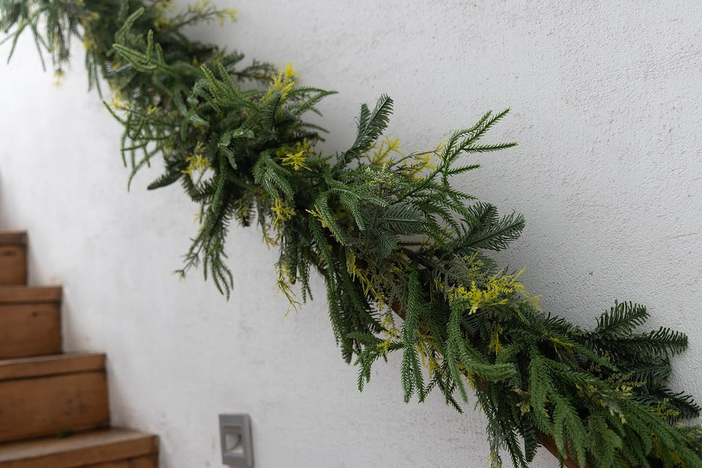 9ft handmade christmas garland,artificial cypress cedar pine needles showing dimensions