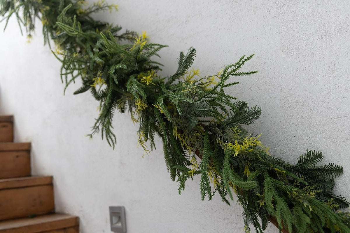 9ft handmade christmas garland,artificial cypress cedar pine needles showing dimensions