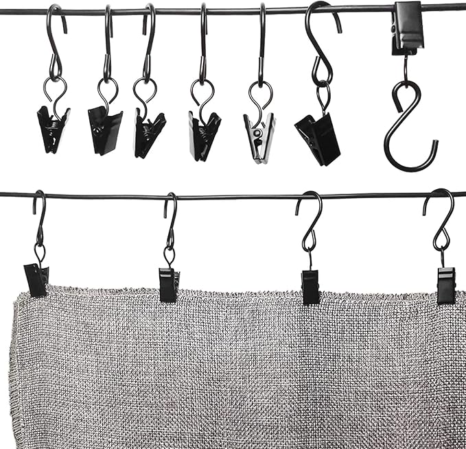 Stainless Steel S Hooks Curtain Clips, 50 Pack Hanging Party Lights Clips Hangers Gutter Photo, Art Craft Display, 2.4 Inch Long, Black