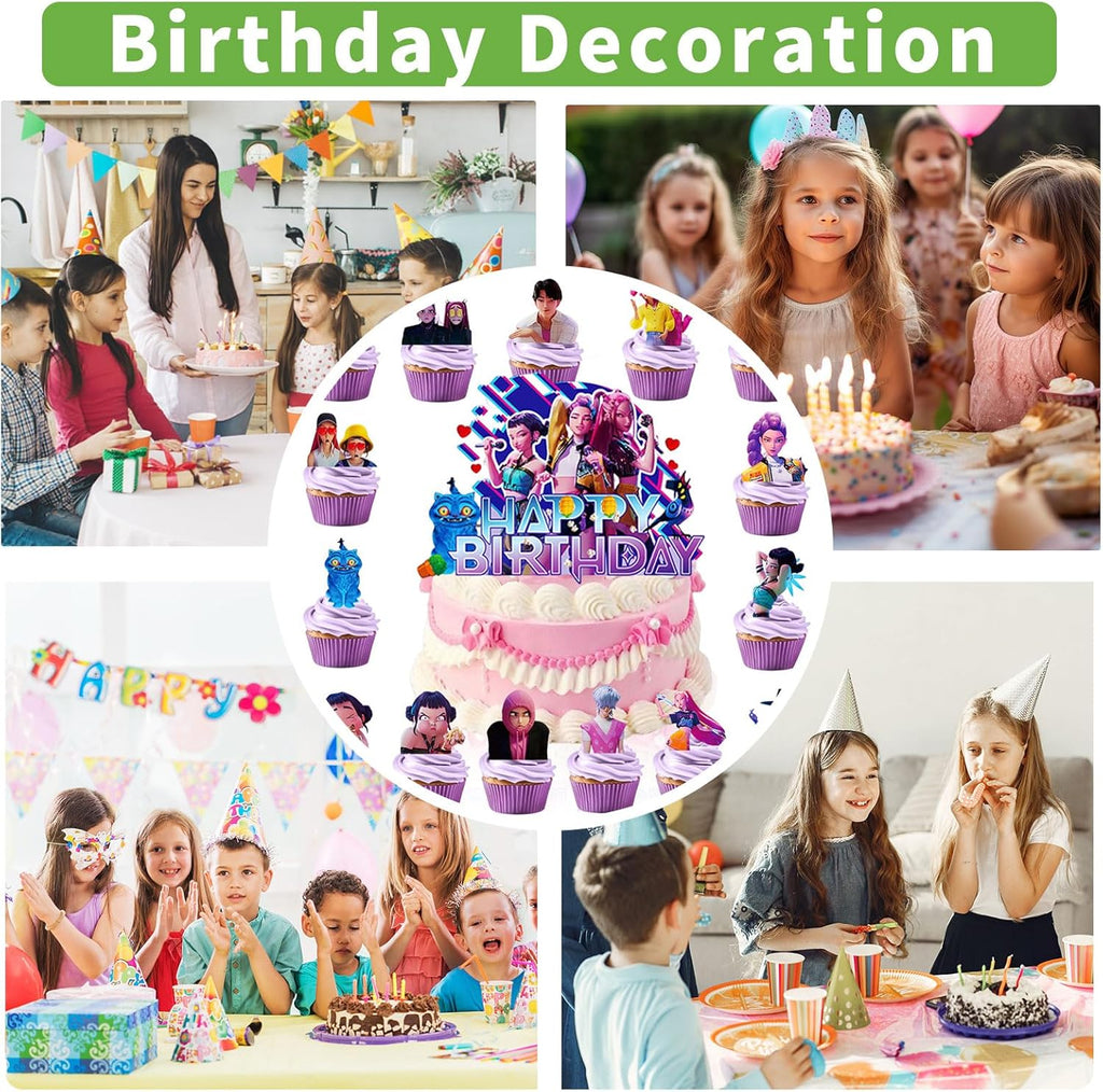 16Pcs Cute Anime Cake Decorations with 15pcs Cupcake Toppers, 1pcs Happy Birthday Cake Topper, Cartoon Themed Party Supplies, Perfect for Birthday Party Decorations