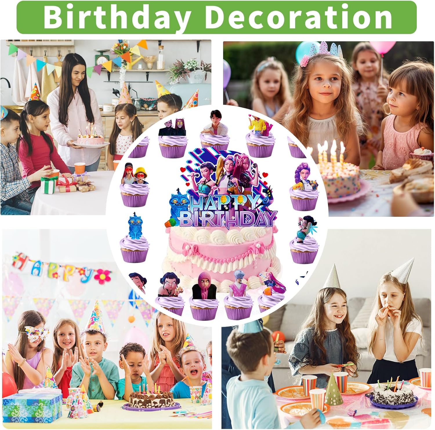 16Pcs Cute Anime Cake Decorations with 15pcs Cupcake Toppers, 1pcs Happy Birthday Cake Topper, Cartoon Themed Party Supplies, Perfect for Birthday Party Decorations