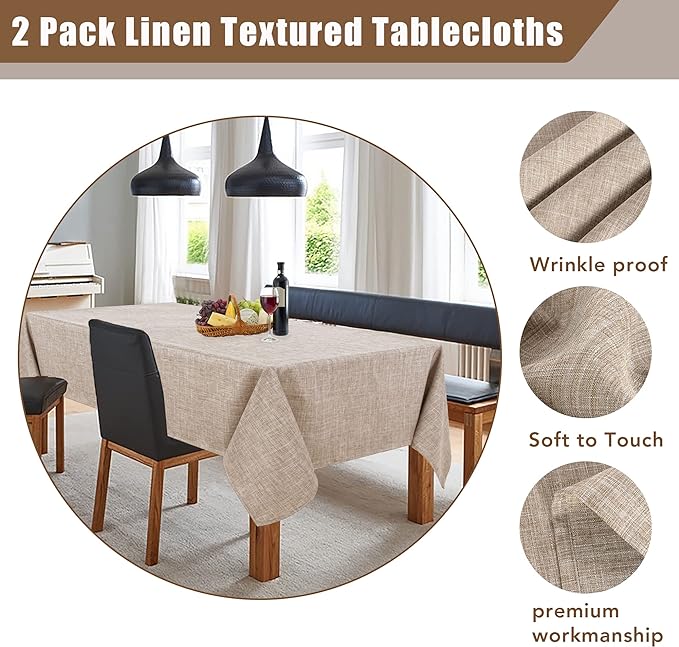 Fitable Faux Linen Tablecloths Rectangle 60 x 102 Inch - 2 Pack Neutral Table Clothes for 6-8 Foot Tables, Nature Faux Burlap Kitchen Table Cover for Dining, Party, Farmhouse, Banquet, Buffet