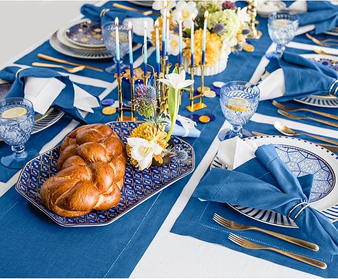 Solino Home Linen Indigo Blue Table Runner 144 Inches Long - 100% Pure Linen Extra Long Table Runner 14 x 144 Inch for Fall, Autumn - Classic Hemstitch
