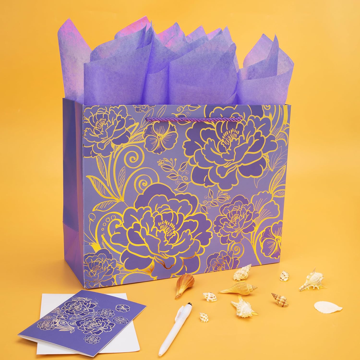 Qirrmiy 13" Large Rose Purple Gift Bag Set with Greeting Card and Tissue Paper for Women or Girls for Celebrating Birthdays, Mother's Day, Valentine's Day, Weddings, Anniversaries