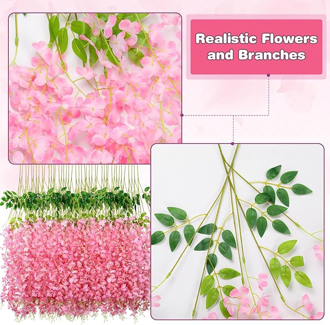 Wisteria Hanging Flowers,Fake Hanging Flowers,Wisteria artificiales Garland for Home Wedding Arch Floral Party Garden Ceremony Outdoor Decor,3.6 feet Long(25,Pink)