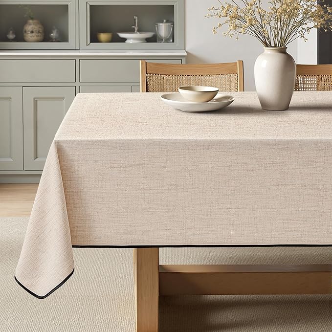 MIULEE Ivory-Black Linen Tablecloth 60x84 Inch Rectangle Table Cloth Waterproof,Stain Resistant & Wrinkle Resistant for Dining Party Wedding