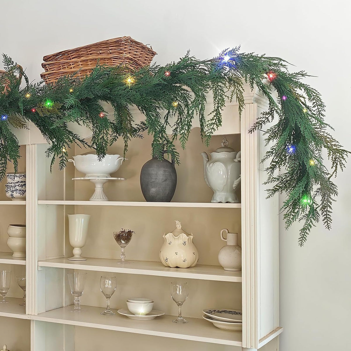 christmas cedar garland realistic with lights - cypress, front angle view
