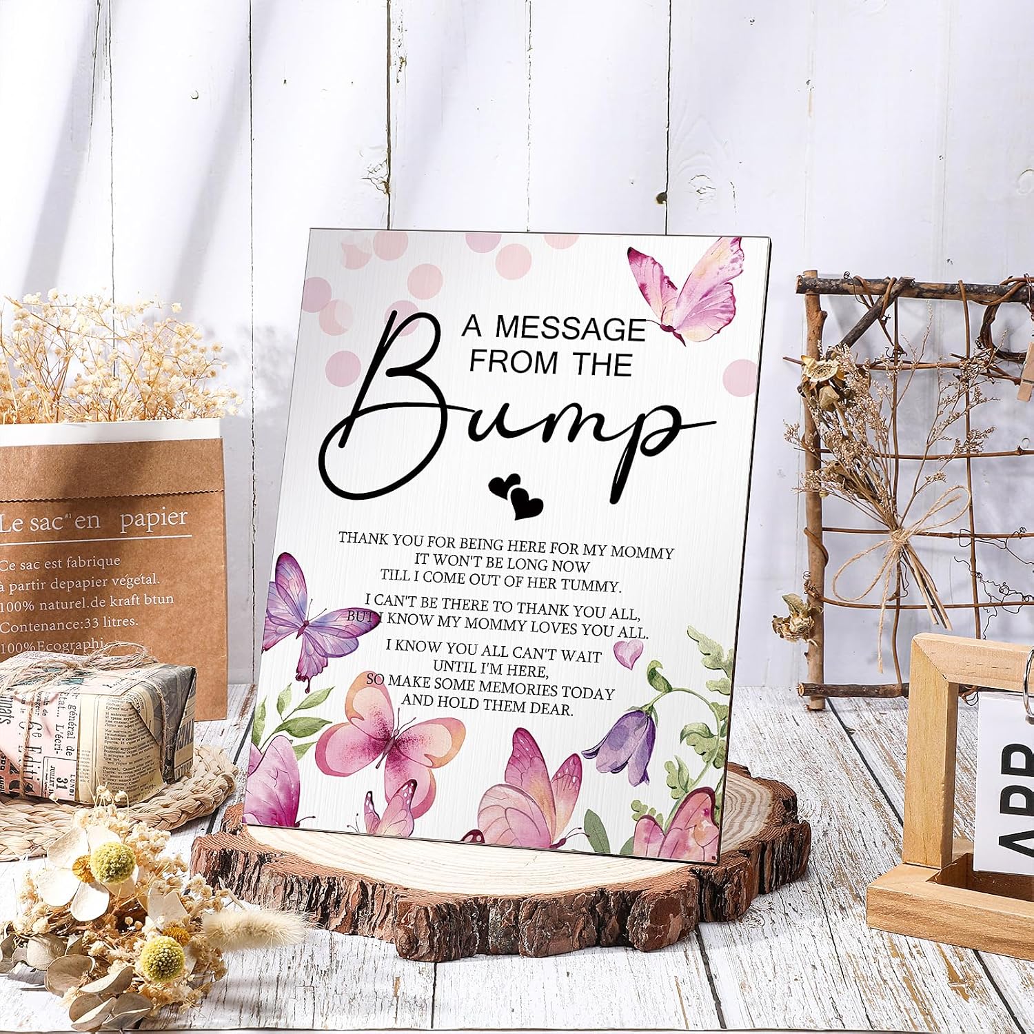 Roowest Cool Baby Shower Tabletop Decoration a Message from the Bump Wooden Baby Shower Games Sign Greenery Cute Gender Reveal Party Thank You Sign, 11.2 x 8.66 Inches(Butterfly)