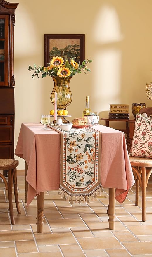 Vintage Linen Table Runner,Floral Table Runners 87 Inches Long,Soft and Luxury Coffee Table Runners.Decoration Tabletop for Kitchen,Dining,Party,Home,Christmas,12"*87"