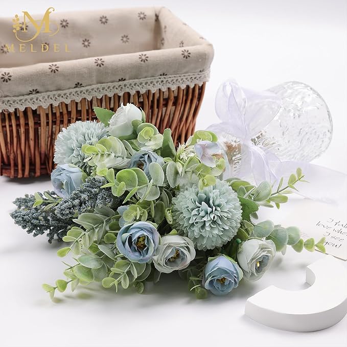 Meldel 3Pcs Rose Bouquet Blue Artificial Flowers Fake Eucalyptus Plants Silk Flower Arrangements Wedding Bouquets Decorations Plastic Floral Table Centerpieces for Home Kitchen Garden Party Decor