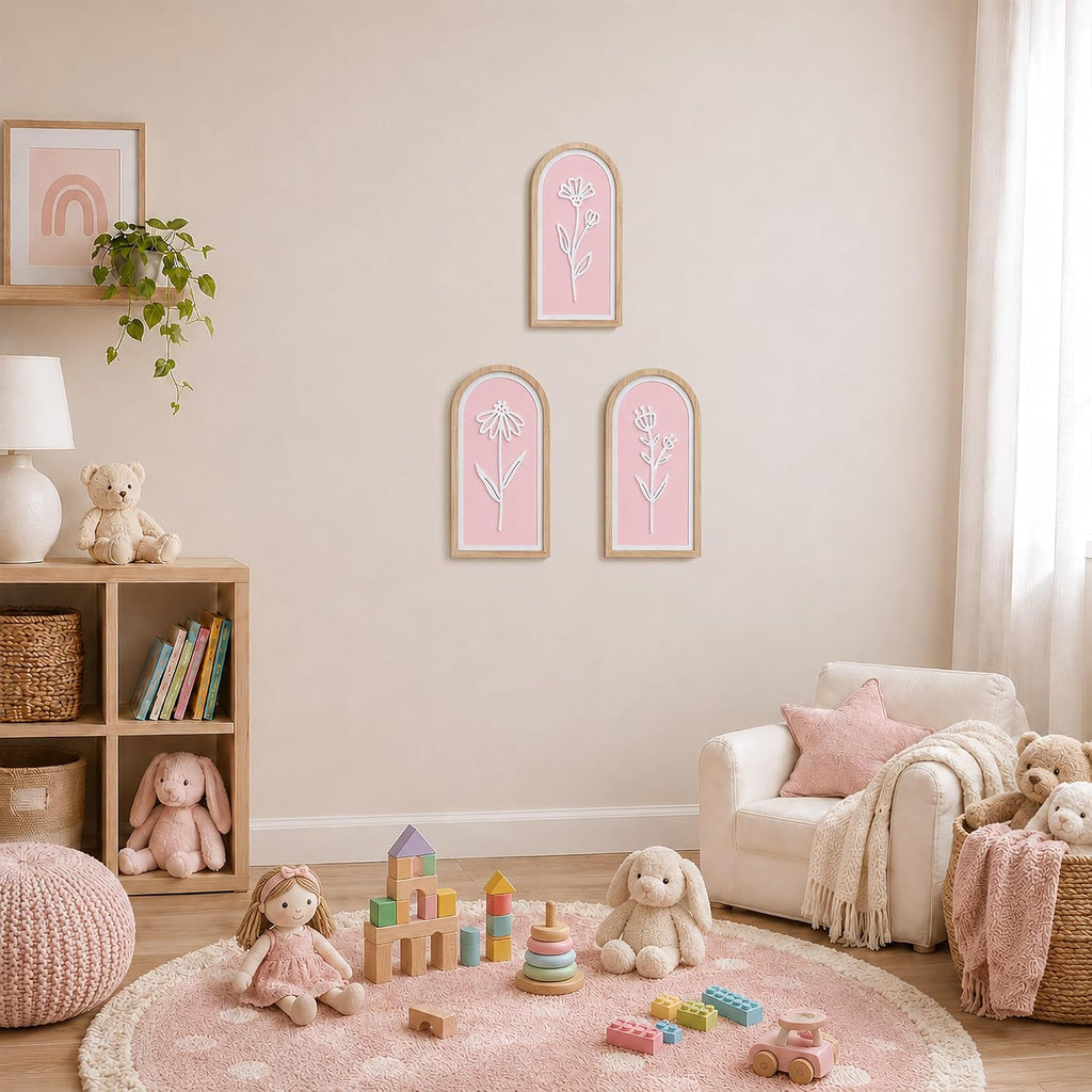 Pink 3D Wooden Floral Wall Art Set of 3, Arched Boho Girls Room Wall Decor | Pink arched panels with raised white floral cutouts in wood frames; ready to hang in bedrooms, teen rooms, dorms or hallways