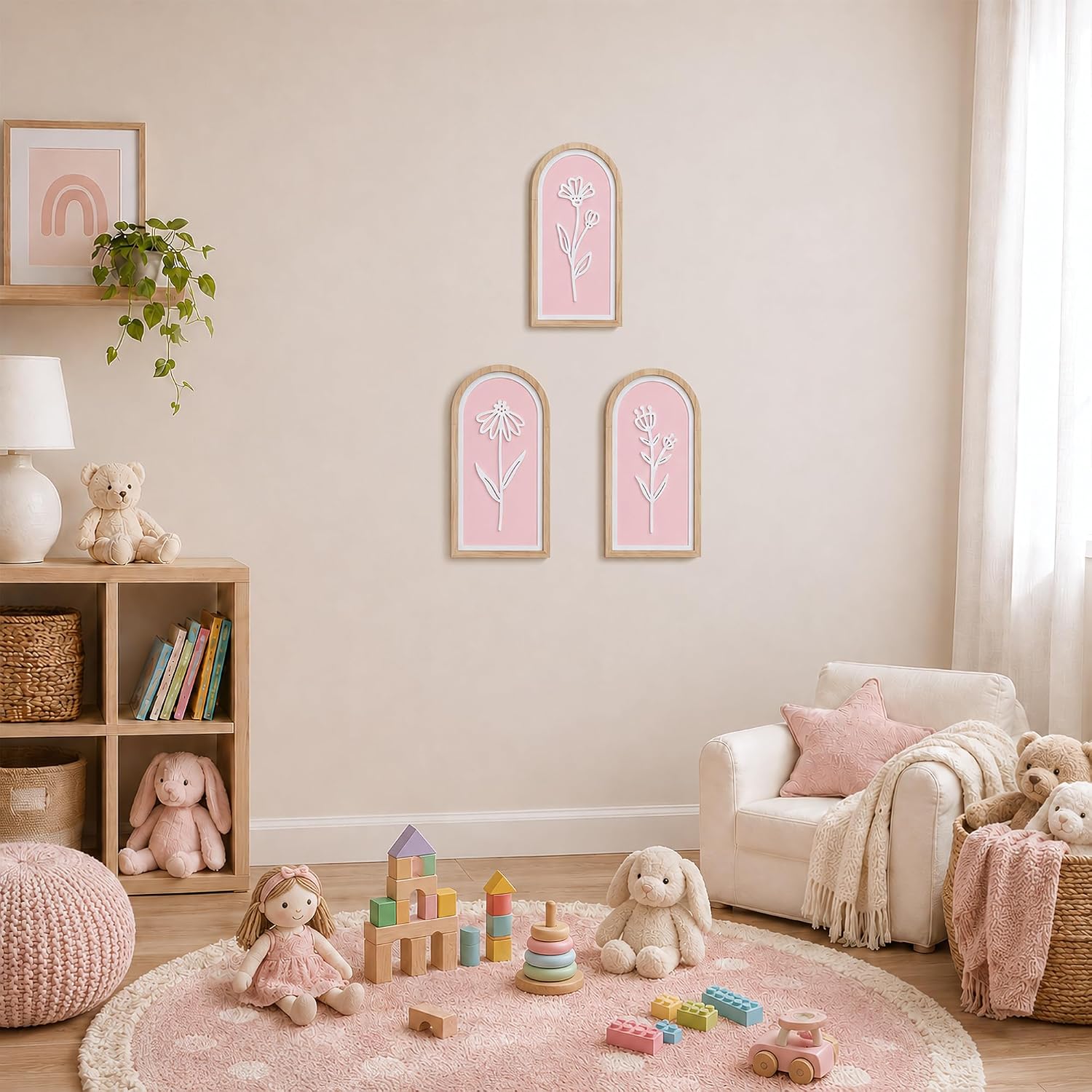 Pink 3D Wooden Floral Wall Art Set of 3, Arched Boho Girls Room Wall Decor | Pink arched panels with raised white floral cutouts in wood frames; ready to hang in bedrooms, teen rooms, dorms or hallways