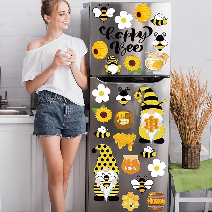 Xuhal 25 Pcs Bee Decor Refrigerator Magnets Happy Bee Gnome Sunflower Magnetic Stickers Car Magnets Fridge Garage Decor Party Supplies for Cars Office Whiteboard Mailbox