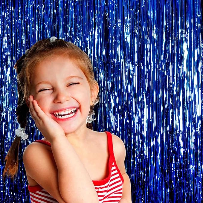 4 Pack Blue Foil Fringe Curtain Backdrop, 3.28Ftx8.2Ft Metallic Tinsel Streamers for Sea Party, Photo Booth Props, Birthday, 2022 Summer Ocean Theme Party Decoration Supplies