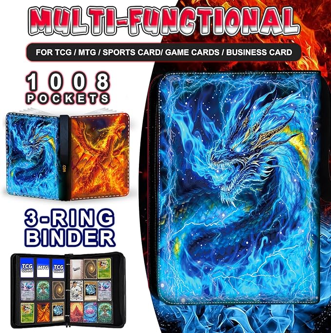 1008 Card Binder 9 Pocket, 3-Ring Trading Card Binder with 56 Page Removable Sleeves, High Storage Waterproof Trading Card Holder Collection Card Album Carrying Organizer Case for MTG TCG Cards -Fire