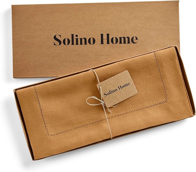 Solino Home Linen Brown Sugar Table Runner 132 Inches Long - 100% Pure Linen Extra Long Table Runner 14 x 132 Inch for Fall, Autumn, Thanksgiving - Classic Hemstitch