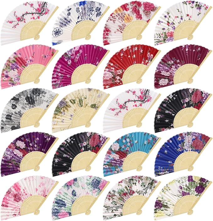 Aodaer 20 Pack Floral Folding Fans Chinese Style Handheld Fans Silk Bamboo Fans Decorative Fans for Wedding, Party Favors