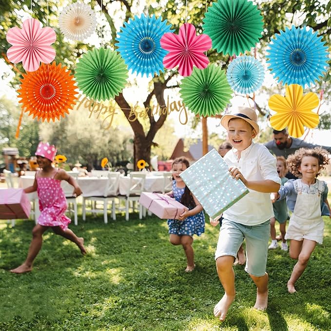 Colorful Birthday Party Decoration Paper Flower Hanging Decoration for Wall Happy Birthday Banner Paper Fans Deco for Tropical Hawaii Luna Birthday Party