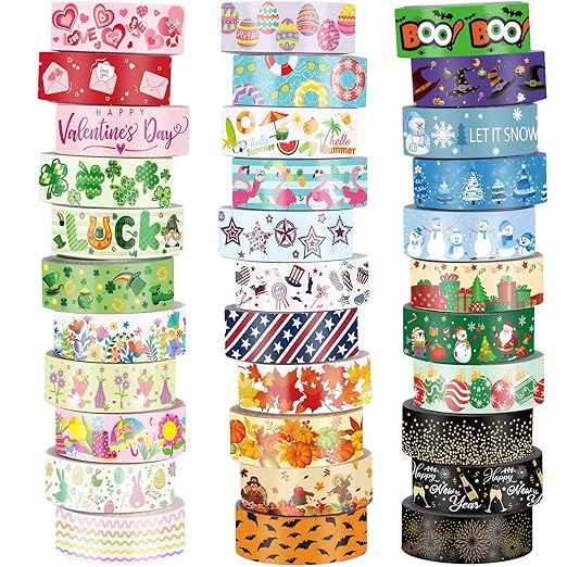 TaoBary 33 Rolls Holiday Plaid Washi Tape, 15 mm Seasonal Washi Tape Set Bohemian Colorful Vintage Cute for Card Wrapping Craft(Festive Style)