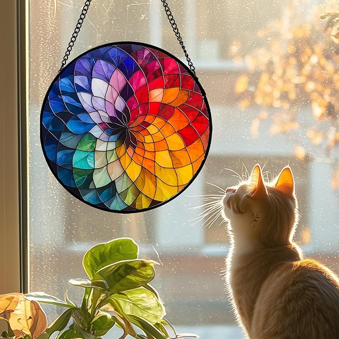 Stained Glass Window Hanging - Colorful Flowers Sun Catcher for Door Terrace Garden Home Decor, Abstract Gradient Suncatcher Birthday Gifts for Lovers Women Men Dad Mom Nana 7.8 in