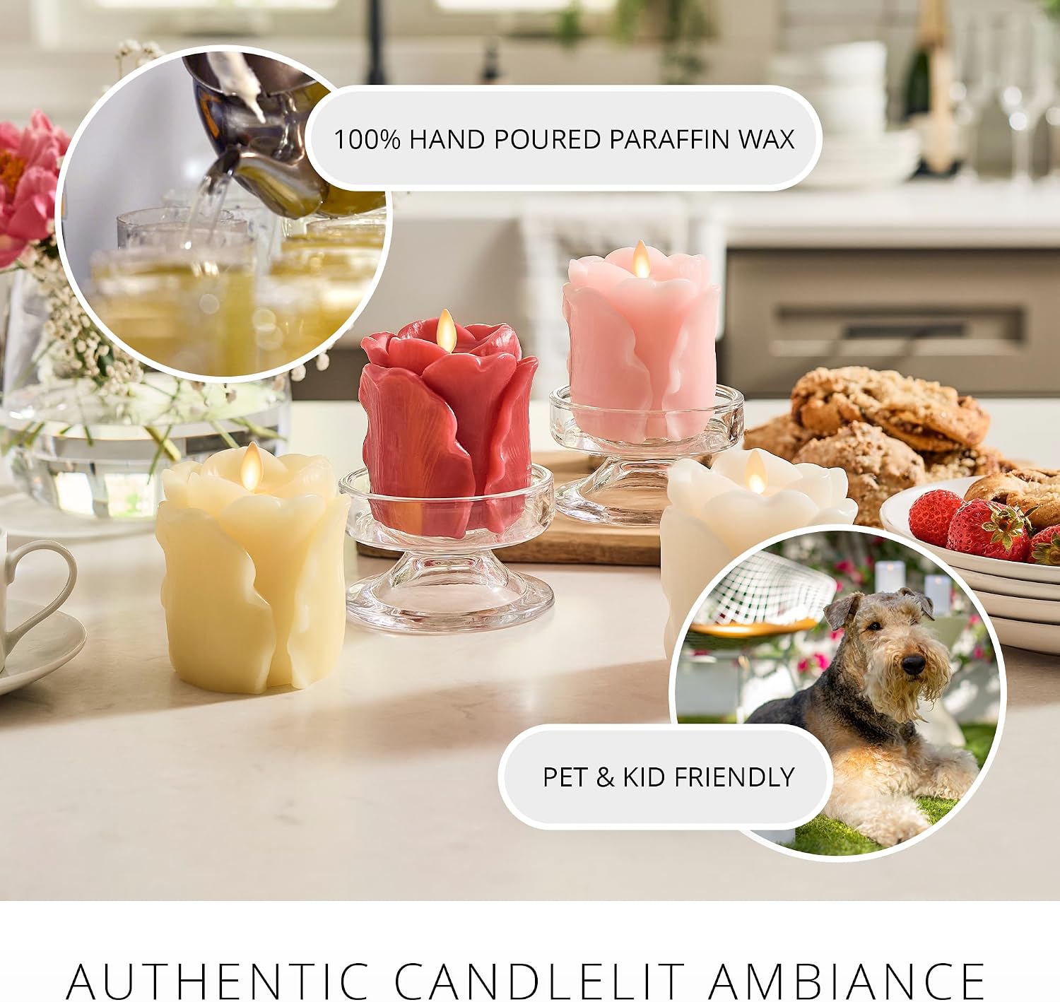 Luminara Lemon Chiffon Rose Flameless Candle - 3.6" x 4.3" Rosebud Pillar - Real Flame Technology w/Flickering LED Light - Perfect for Mother's Day
